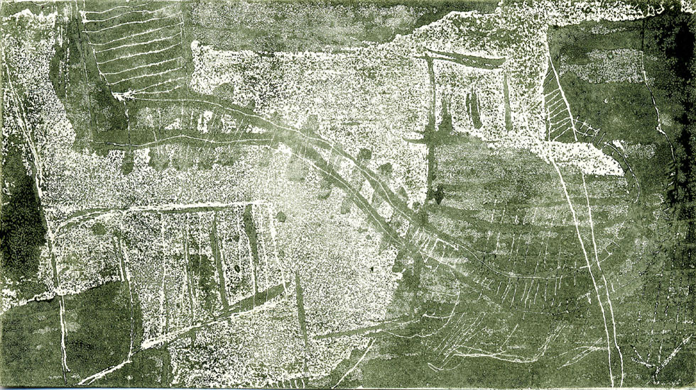 GLEISDAMM, 2000, Überwalzte Aquatinta-Strichätzung, Unikat, 8,6 x 19,9 cm
