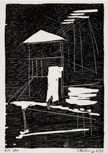 o.T. -Turm-, 6/1995, Holzschnitt, 13,5 x 9,2 cm auf 19,8 x 20,8 cm Buchdruckpapier