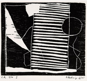 o.T. -quergestreift-, 6/1995, Holzschnitt, 9,7 x 11,2 cm auf 19,8 x 20,8 cm Buchdruckpapier