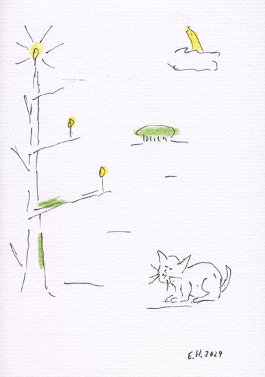 E. Hartwig, Baum und lieber Kater, 12/2024, schw. Tusche, gelb und grün, Papierformat 15 x 10,5 cm