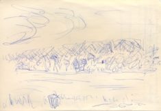 Landschaft, 2022, blauer Kugelschreiber auf gelblichem Papier, 12,3 x 17,9 cm