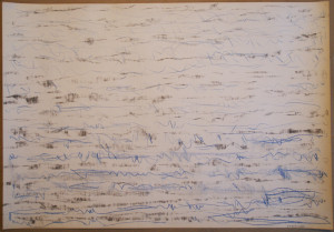 Rhythmus nach Saxophon, 01.12.2016, Kohle, blauer Buntstift auf Leinenstrukturpapier, 43,8 x 63 cm