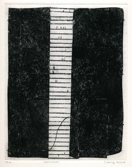 E. Hartwig, DAZWISCHEN, 03/2018,Currusdecollageradierung und Kaltnadel, 23 x 17,7 cm